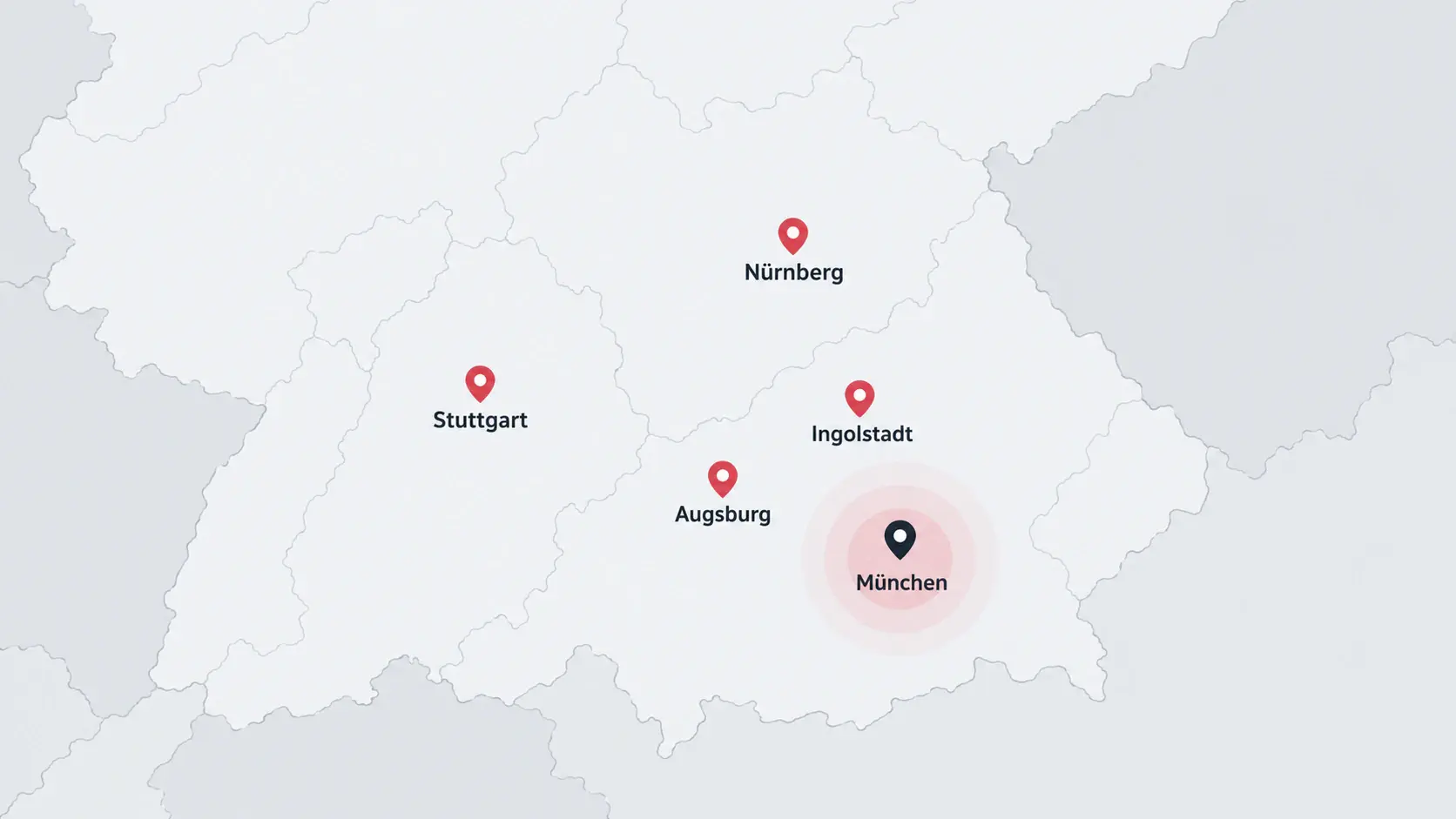 Schematische Karte mit München sowie Teams in Ingolstadt, Augsburg, Nürnberg und Stuttgart